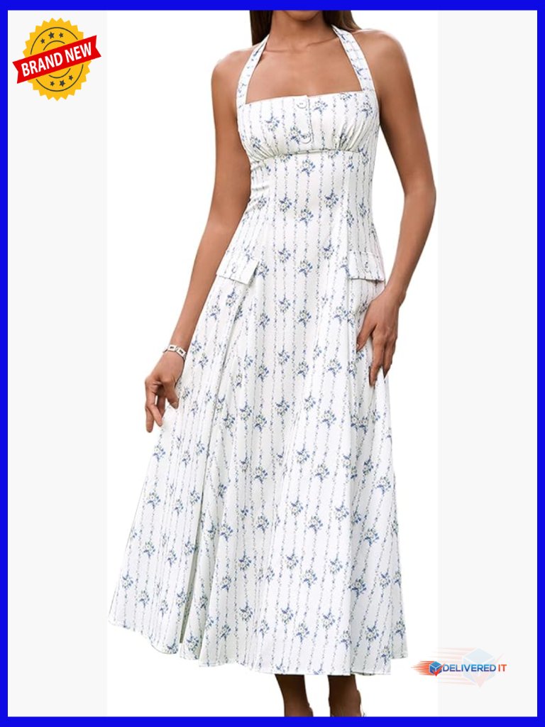 Floral Halter Corset Midi Dress A-Line Formal Wedding Guest Tea Party